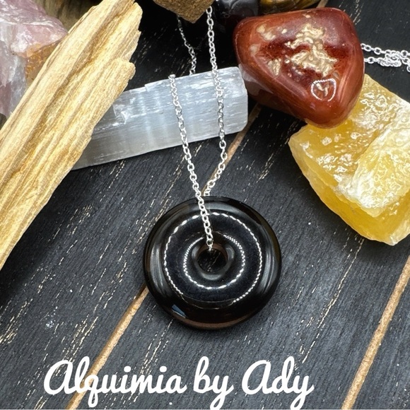 Alquimia Jewelry - Bohemian smokey quartz medallion donut pendant/worry stone necklace